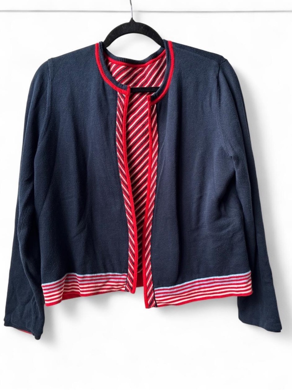 Nautical Navy Red Open Front long sleeve cardigan cowl neck preppy secretary M